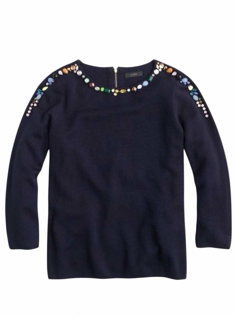 J. Crew Beaded Navy Merino Wool Blend Sweater 3/4 Sleeve Crewneck Size XS